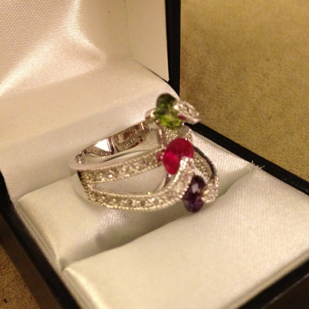 Unique Ruby, Green & Purple Stone Ring With Pave - image 3